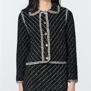 Zara Black Tweed Style Combination Knit Jacket